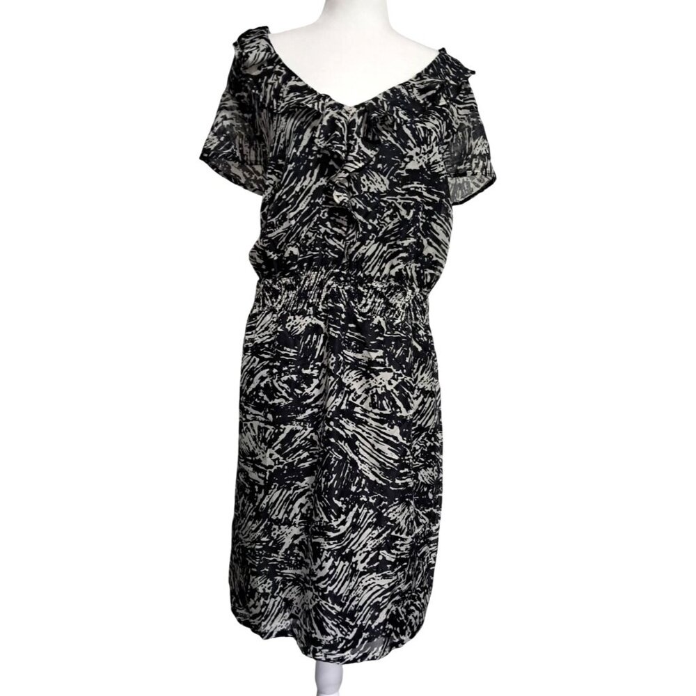 Merona Ruffle Neck Dress Women Size 4 X Black Cream Abstract Smocked NWT